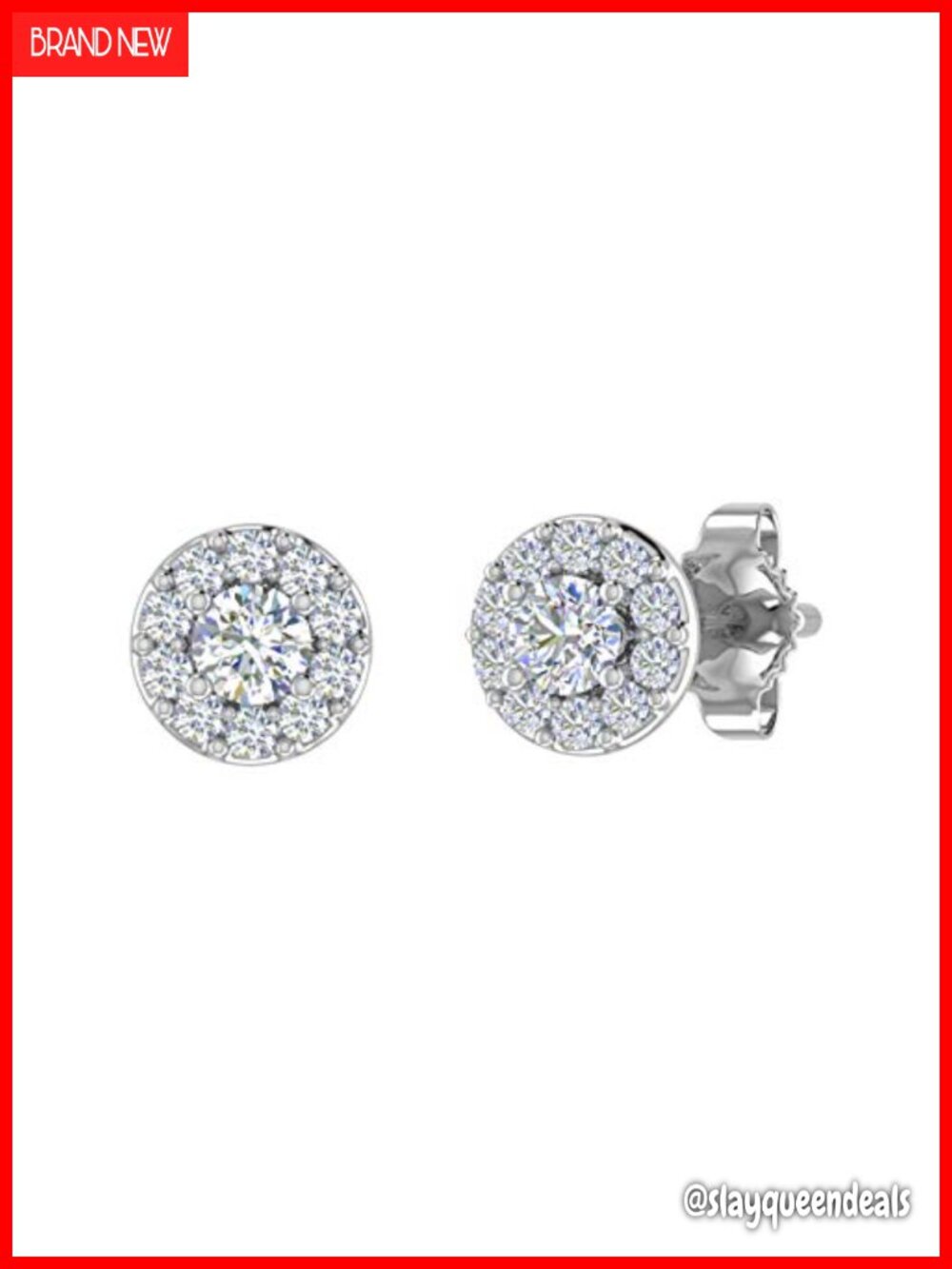 10K White Gold 1/4 Ct Diamond Halo Stud Earrings Prong Set Push Back